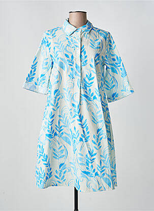 Robe mi-longue imprimé fleurs manches longues bleu BLANC BOHEME femme