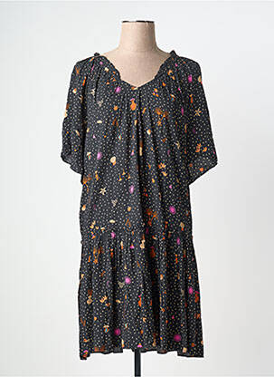 Robe mi-longue imprimé fantaisie manches courtes noir DES PETITS HAUTS femme