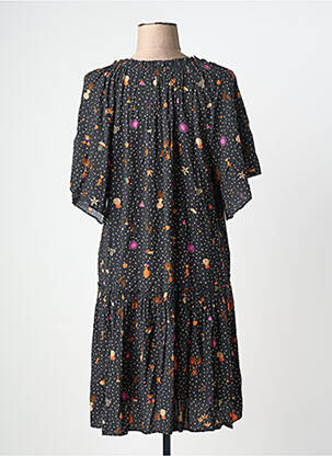 Robe mi-longue imprimé fantaisie manches courtes noir DES PETITS HAUTS femme
