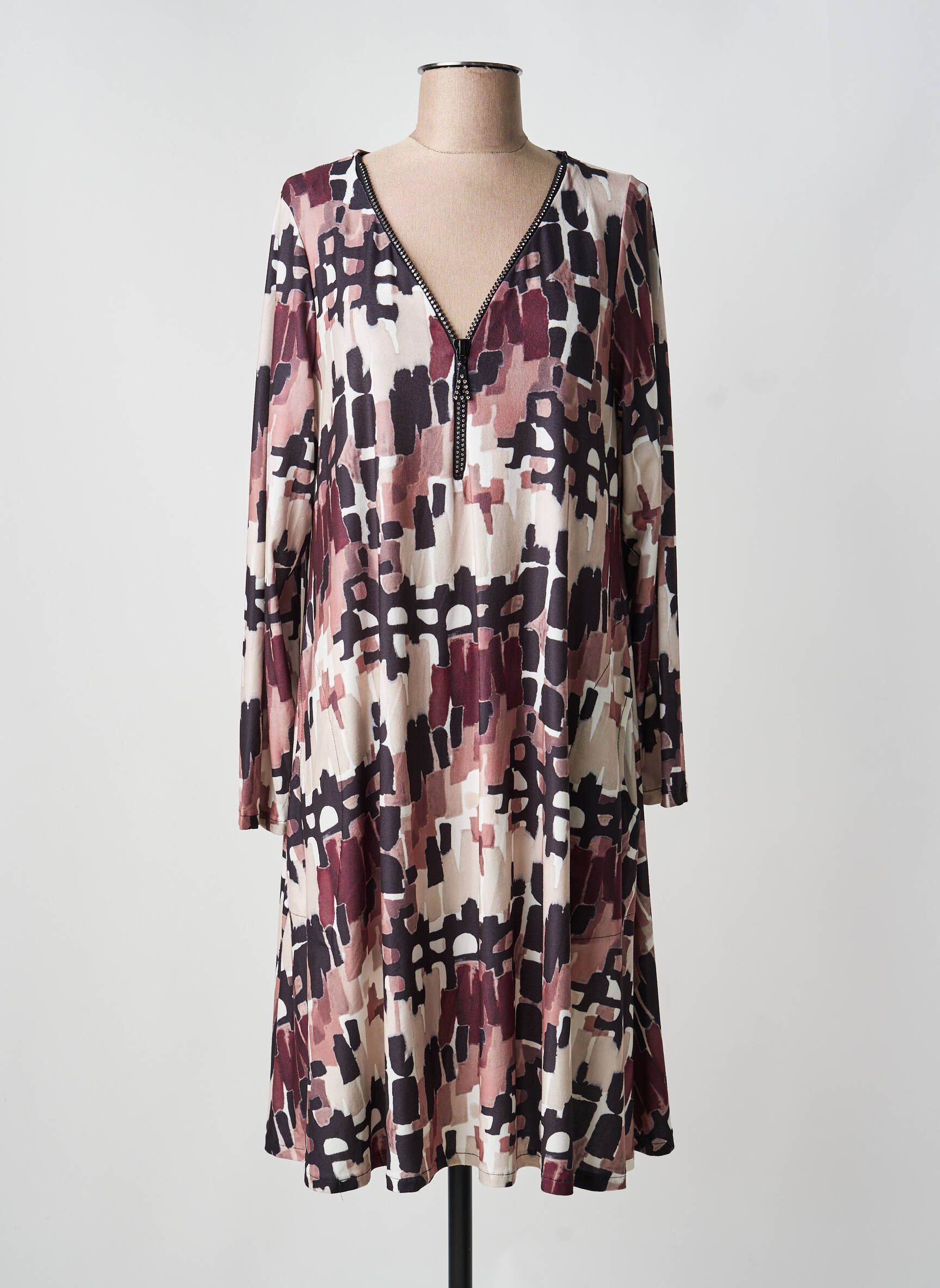 Robe mi-longue imprimé fantaisie manches longues marron AN II VITO femme