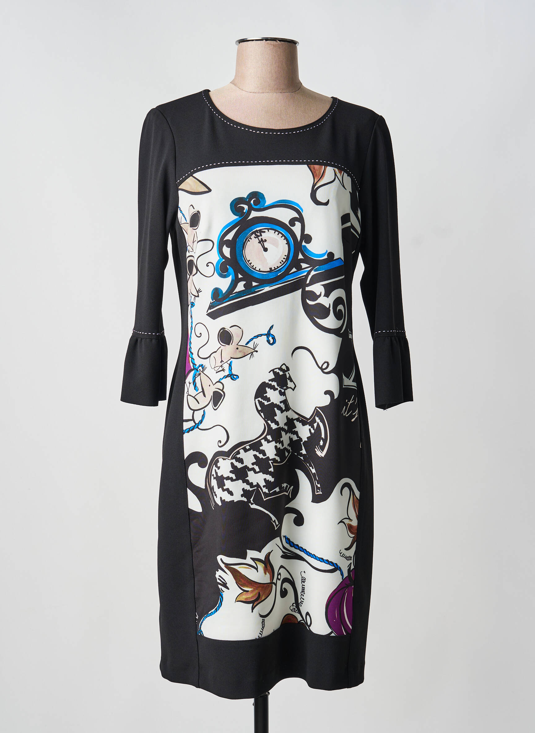 Robe mi-longue imprimé fantaisie manches longues noir DIVAS femme