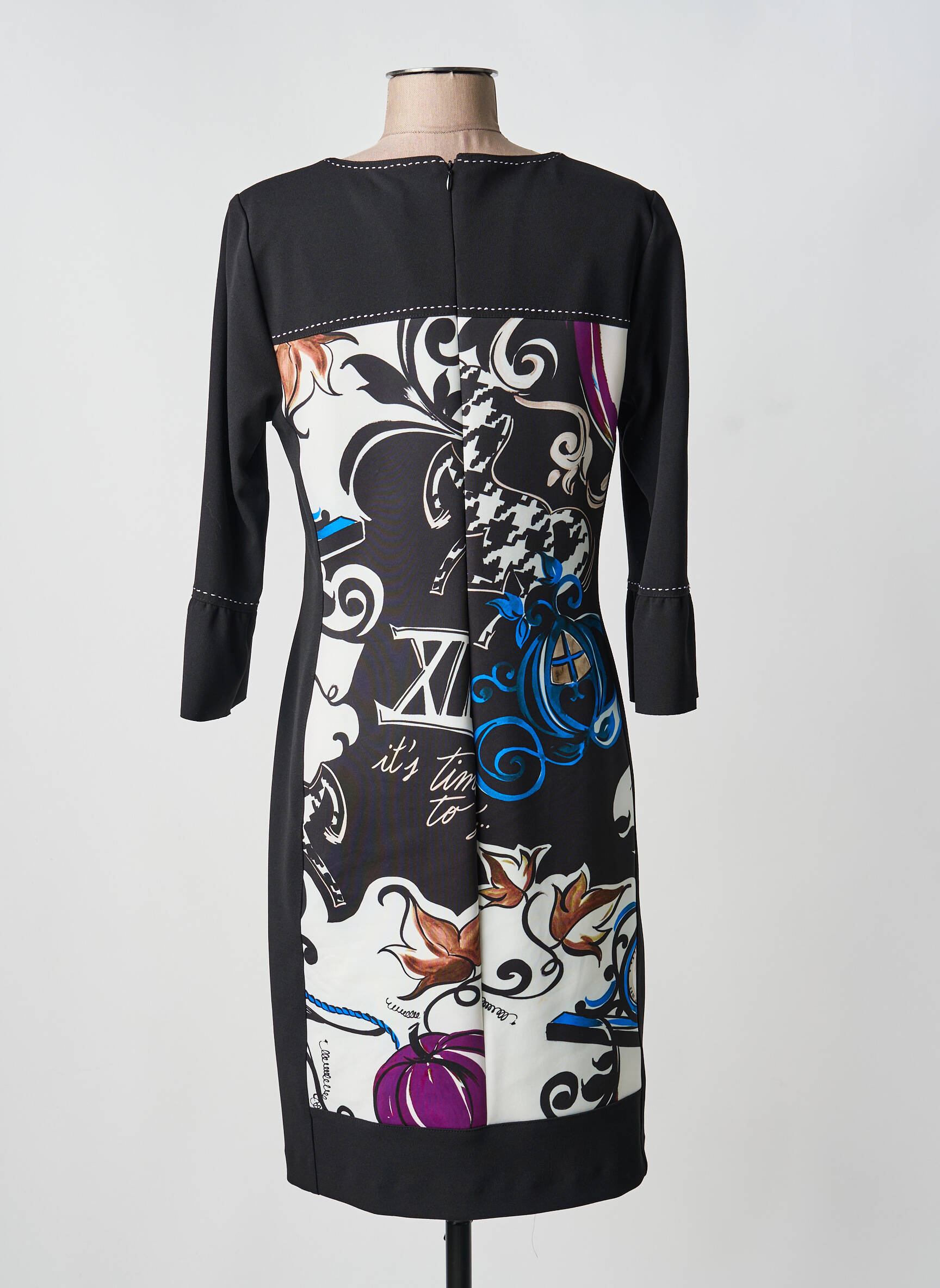 Robe mi-longue imprimé fantaisie manches longues noir DIVAS femme