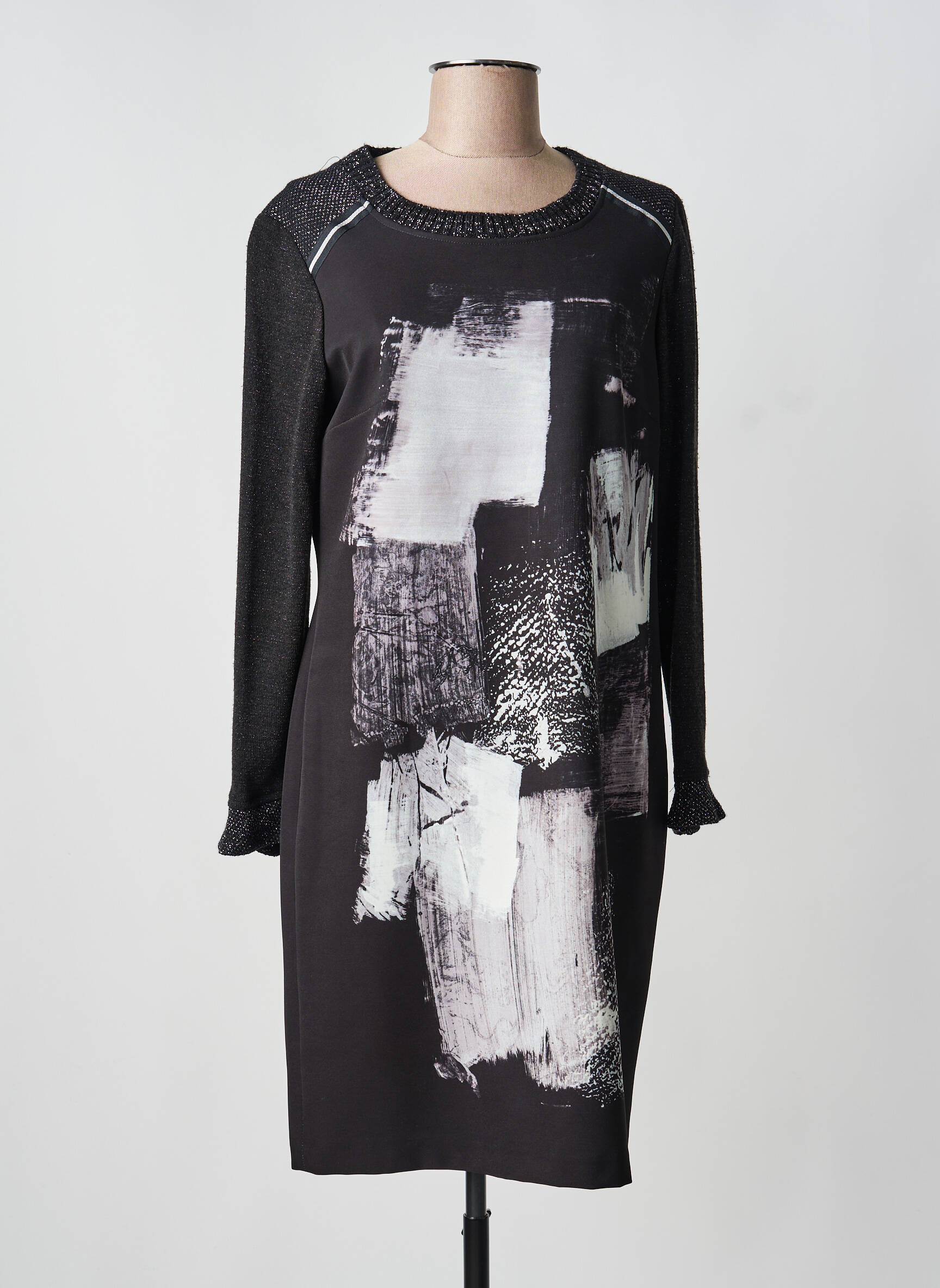 Robe mi-longue imprimé fantaisie manches longues noir DIVAS femme