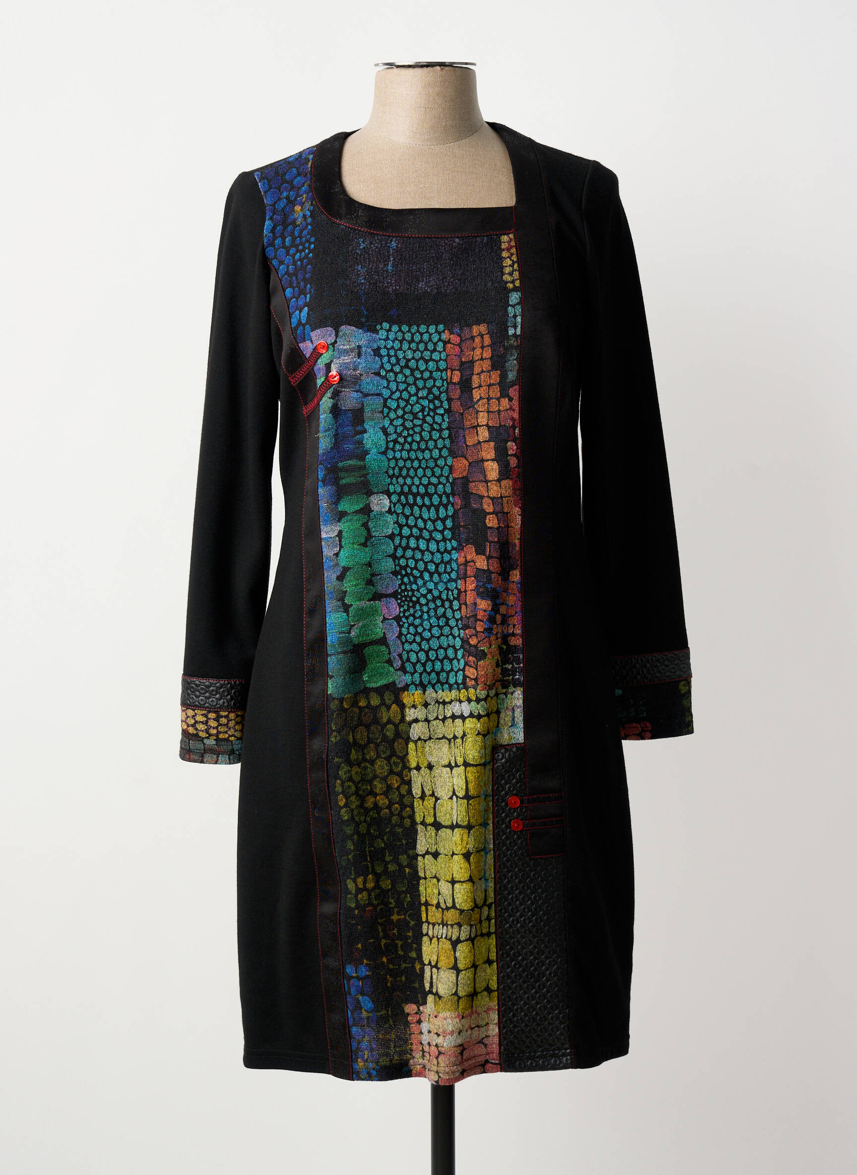 Robe mi-longue imprimé fantaisie manches longues noir GUY DUBOUIS femme