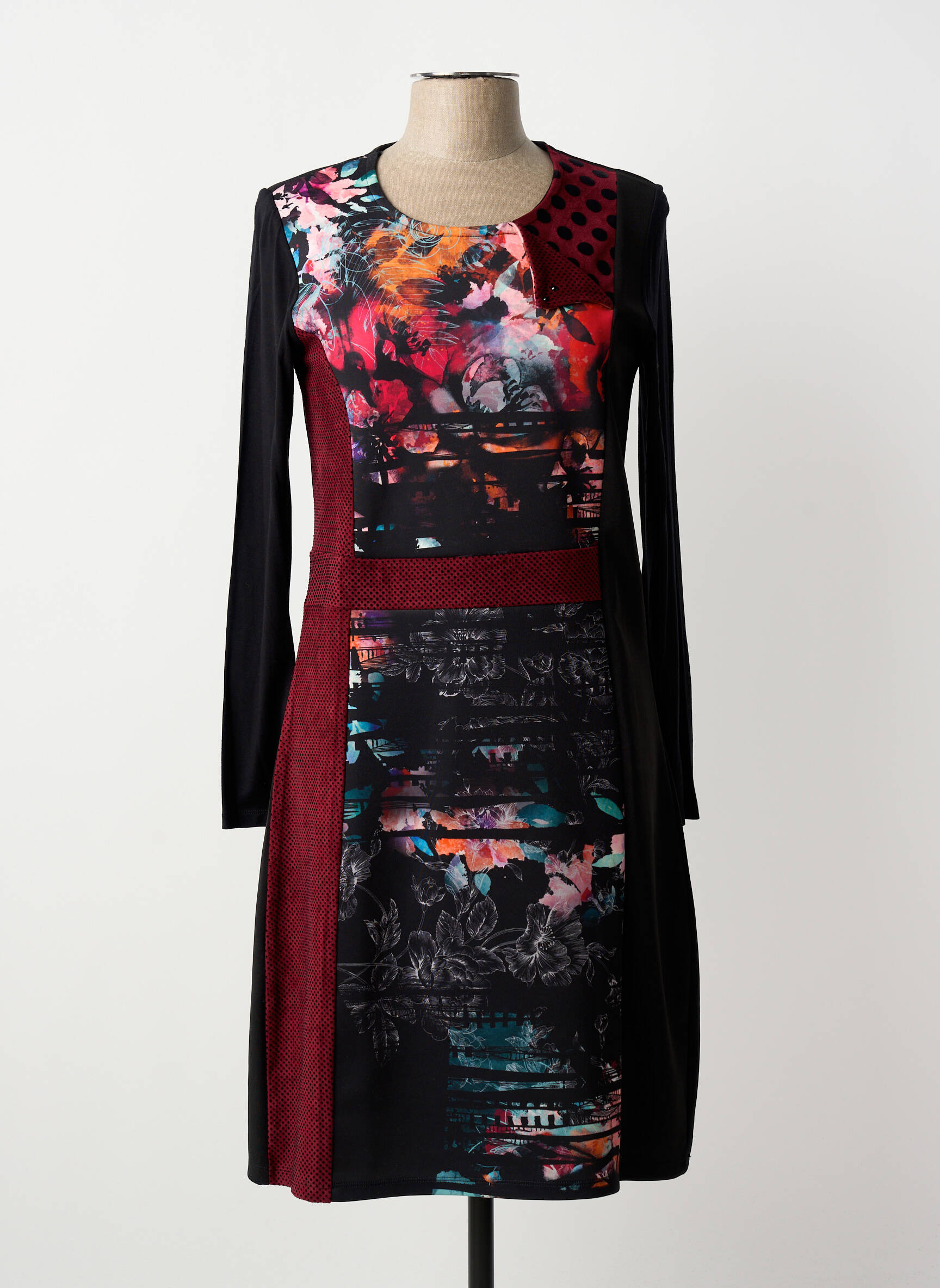 Robe mi-longue imprimé fantaisie manches longues noir GUY DUBOUIS femme