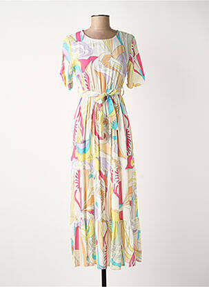 Robe longue imprimé fantaisie manches courtes blanc COULEURS DU TEMPS femme
