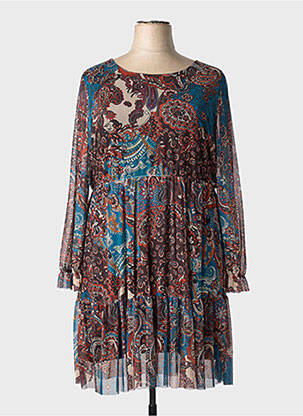Robe mi-longue imprimé fantaisie manches longues marron COULEURS DU TEMPS femme