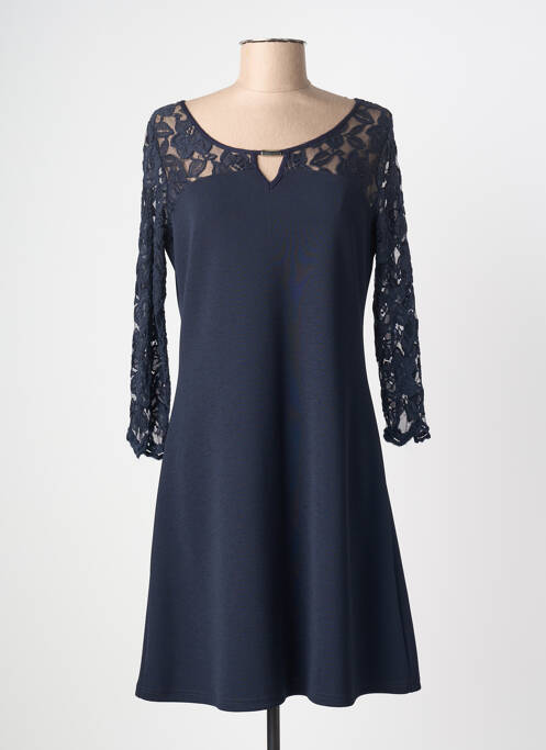 Robe mi-longue tissage crêpe manches longues bleu GUY DUBOUIS femme