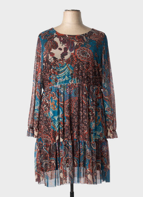 Robe mi-longue imprimé fantaisie manches longues marron COULEURS DU TEMPS femme