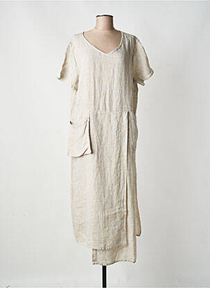 Robe mi-longue tissage crêpe manches courtes beige KEDZIOREK femme