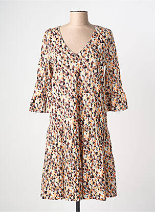 Robe mi-longue imprimé fleurs manches 3/4 orange SURKANA femme
