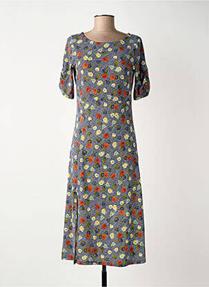 Robe mi-longue imprimé fleurs manches courtes bleu SURKANA femme