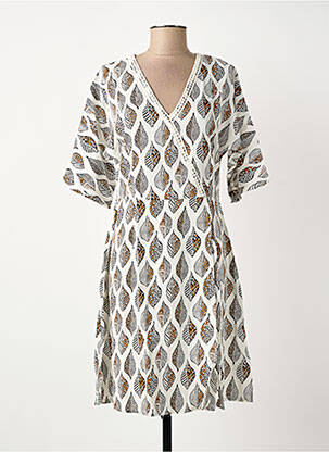Robe mi-longue imprimé fantaisie manches courtes beige SURKANA femme