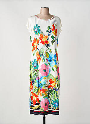 Robe mi-longue imprimé fantaisie manches courtes blanc GUY DUBOUIS femme