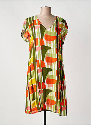 Robe mi-longue imprimé fantaisie manches courtes vert L'ATELIER D'ANNA femme