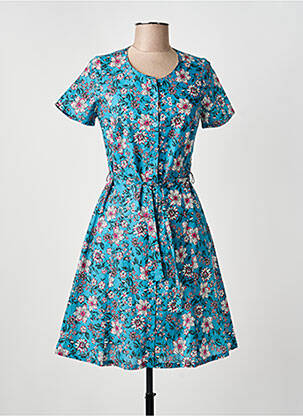 Robe mi-longue imprimé fleurs manches courtes bleu GUY DUBOUIS femme
