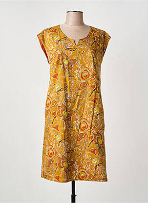 Robe mi-longue imprimé fantaisie manches courtes orange GUY DUBOUIS femme