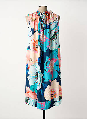 Robe mi-longue imprimé fleurs manches courtes bleu COULEURS DU TEMPS femme