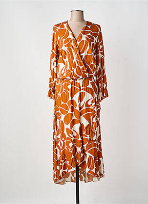 Robe mi-longue imprimé fantaisie manches longues orange COULEURS DU TEMPS femme