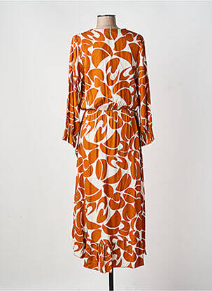 Robe mi-longue imprimé fantaisie manches longues orange COULEURS DU TEMPS femme