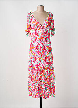 Robe longue imprimé fantaisie manches courtes rose COULEURS DU TEMPS femme