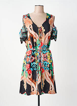 Robe mi-longue imprimé fantaisie manches courtes noir FRED SABATIER femme