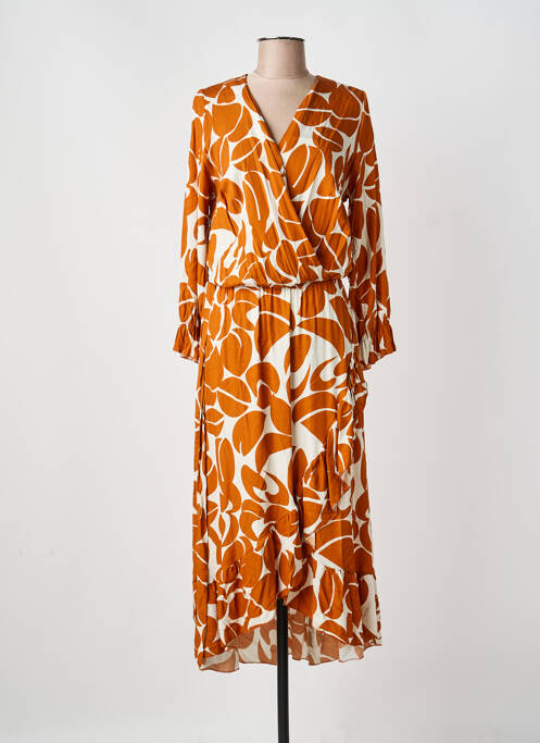 Robe mi-longue imprimé fantaisie manches longues orange COULEURS DU TEMPS femme