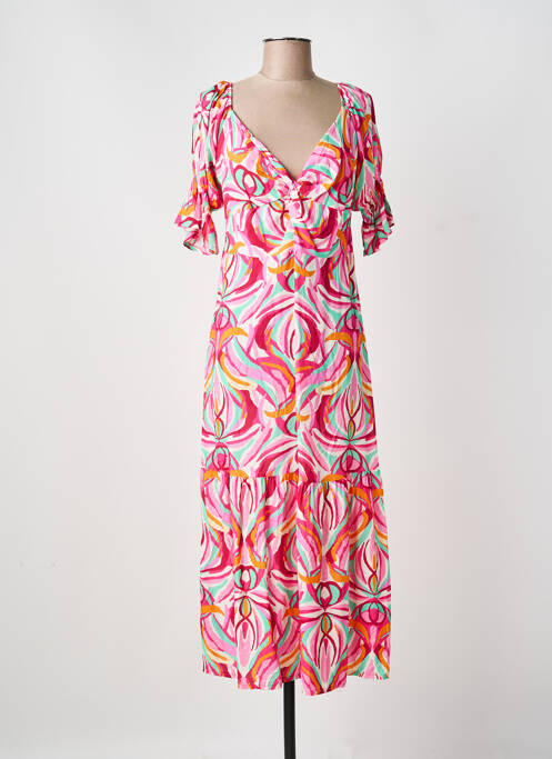 Robe longue imprimé fantaisie manches courtes rose COULEURS DU TEMPS femme