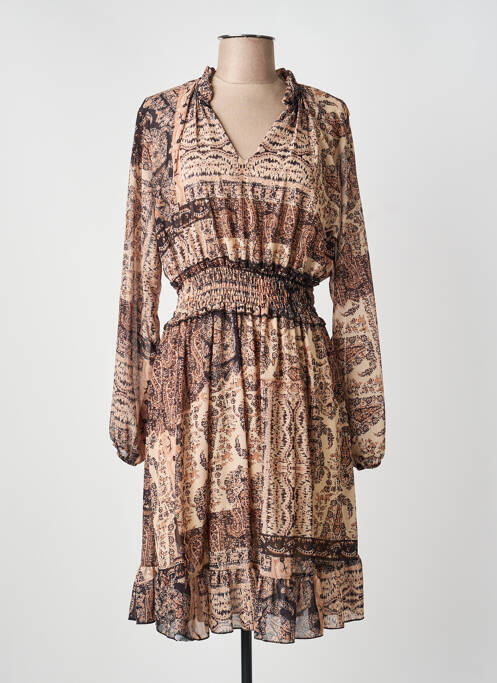 Robe mi-longue imprimé fantaisie manches longues beige COULEURS DU TEMPS femme