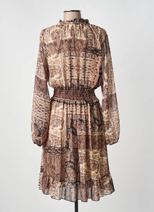 Robe mi-longue imprimé fantaisie manches longues beige COULEURS DU TEMPS femme