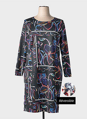 Robe mi-longue imprimé fantaisie manches longues noir GUY DUBOUIS femme