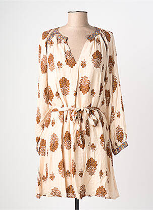 Robe mi-longue imprimé fantaisie manches longues beige LA PETITE ETOILE femme
