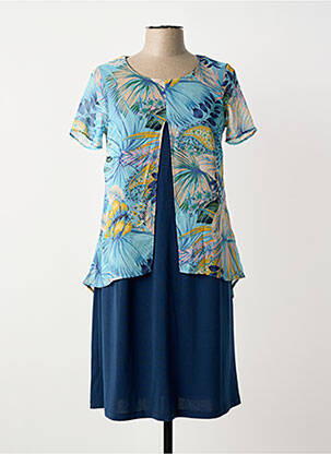 Robe mi-longue tissage crêpe manches courtes bleu GUY DUBOUIS femme