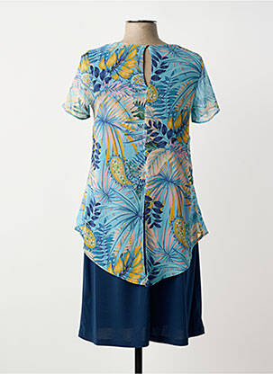 Robe mi-longue tissage crêpe manches courtes bleu GUY DUBOUIS femme