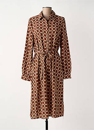 Robe mi-longue imprimé fantaisie manches longues marron GEISHA femme