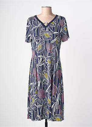 Robe mi-longue imprimé fantaisie manches courtes bleu FRANCE RIVOIRE femme
