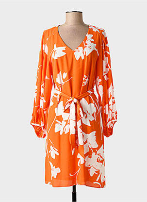 Robe mi-longue imprimé fleurs manches longues orange JOSEPH RIBKOFF femme