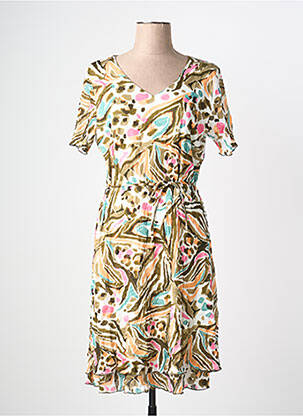 Robe mi-longue tissage crêpe manches courtes vert GRIFFON femme