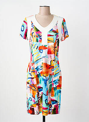 Robe mi-longue imprimé fantaisie manches courtes blanc GUY DUBOUIS femme