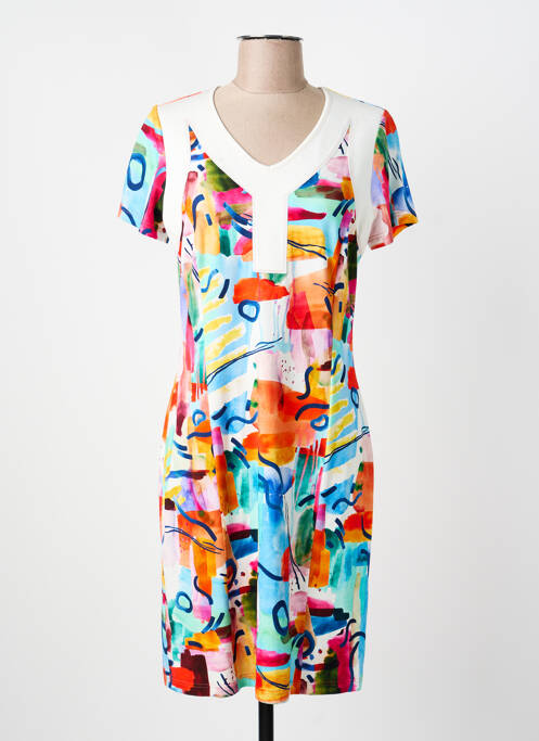 Robe mi-longue imprimé fantaisie manches courtes blanc GUY DUBOUIS femme