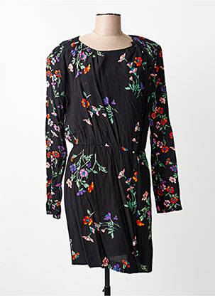 Robe mi-longue imprimé fleurs manches longues noir IDANO femme