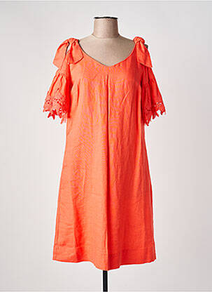 Robe mi-longue tissage crêpe manches courtes orange LAUREL femme