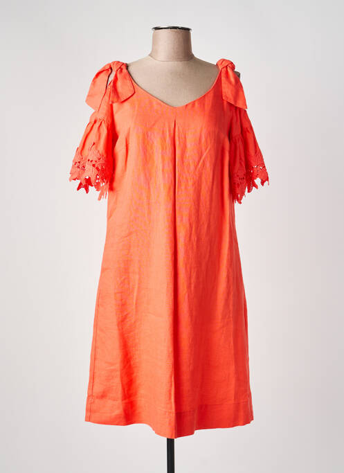 Robe mi-longue tissage crêpe manches courtes orange LAUREL femme