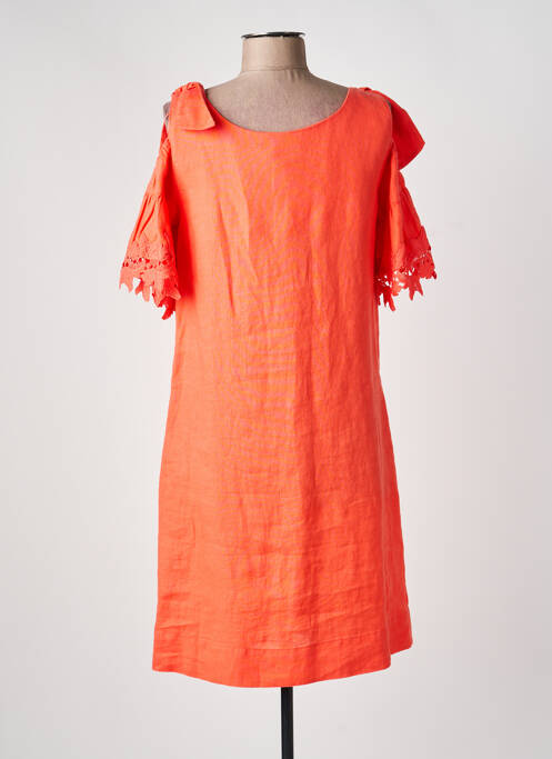 Robe mi-longue tissage crêpe manches courtes orange LAUREL femme