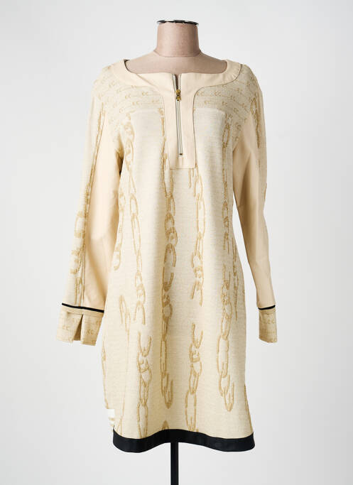 Robe mi-longue imprimé fantaisie manches longues beige ELISA CAVALETTI femme