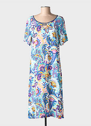Robe mi-longue imprimé fleurs manches courtes bleu MASSANA femme