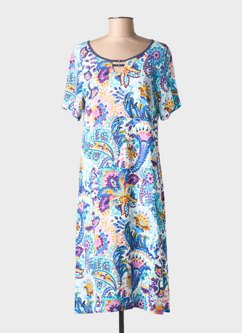 Robe mi-longue imprimé fleurs manches courtes bleu MASSANA femme