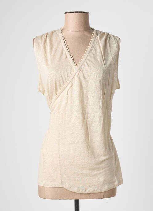 Top coupe cintrée sans manche beige MAJESTIC FILATURES femme
