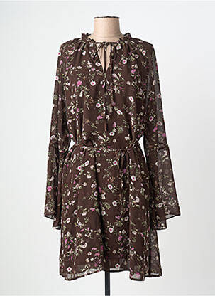 Robe courte imprimé fleurs manches longues marron CERISE BLUE femme