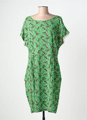 Robe mi-longue imprimé fleurs manches courtes vert COTELAC femme
